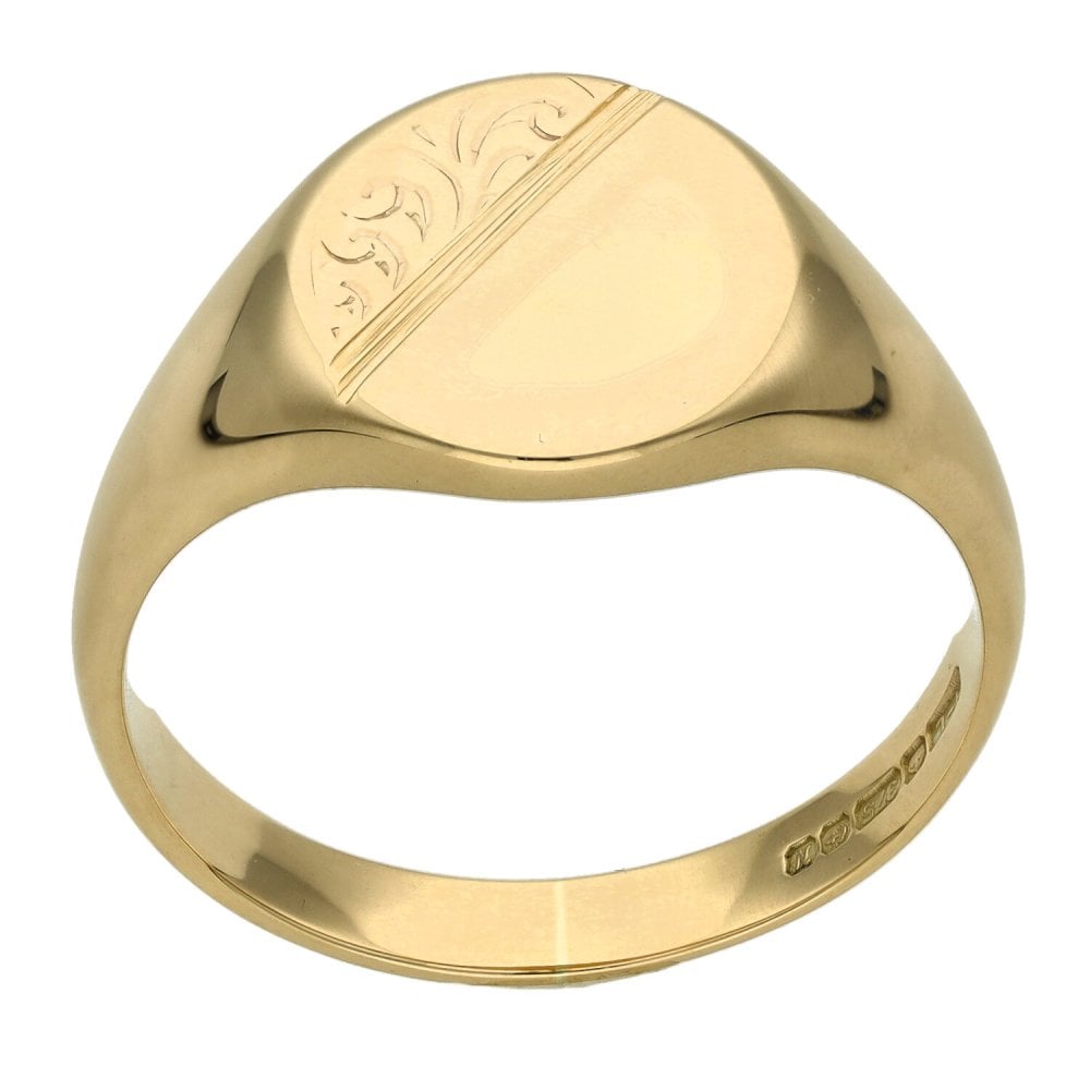 9ct Yellow Gold Half Engraved Oval Signet Ring - Size V