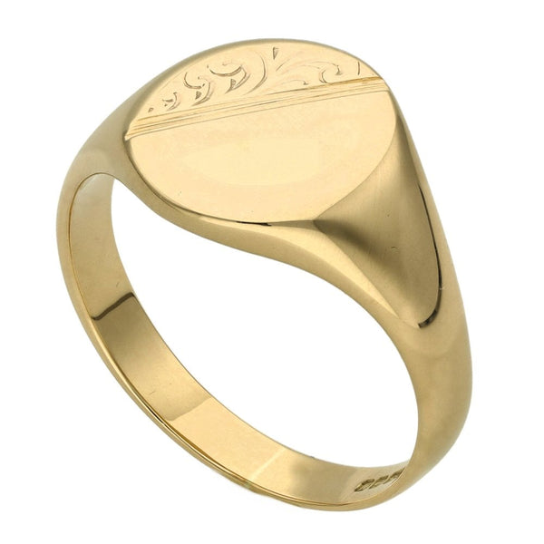 9ct Yellow Gold Half Engraved Oval Signet Ring - Size V