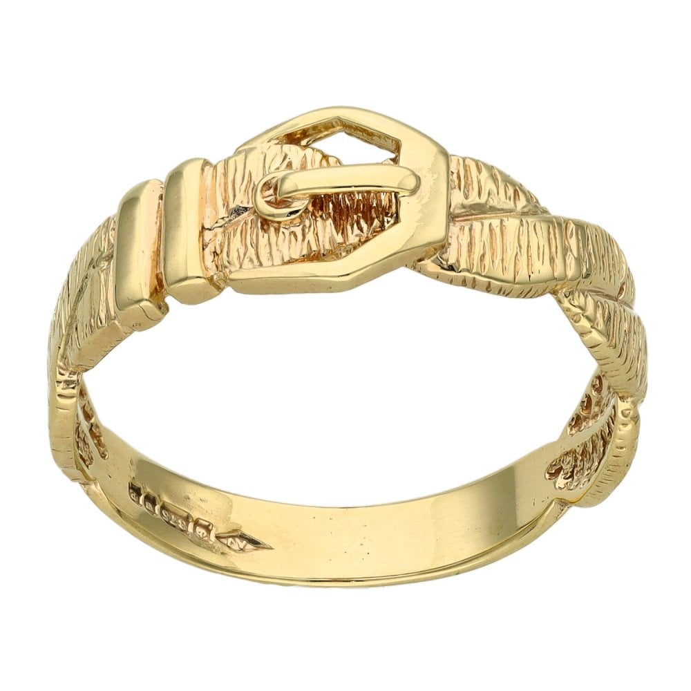 9ct Yellow Gold Twist Bark Effect Buckle Ring - Size Q