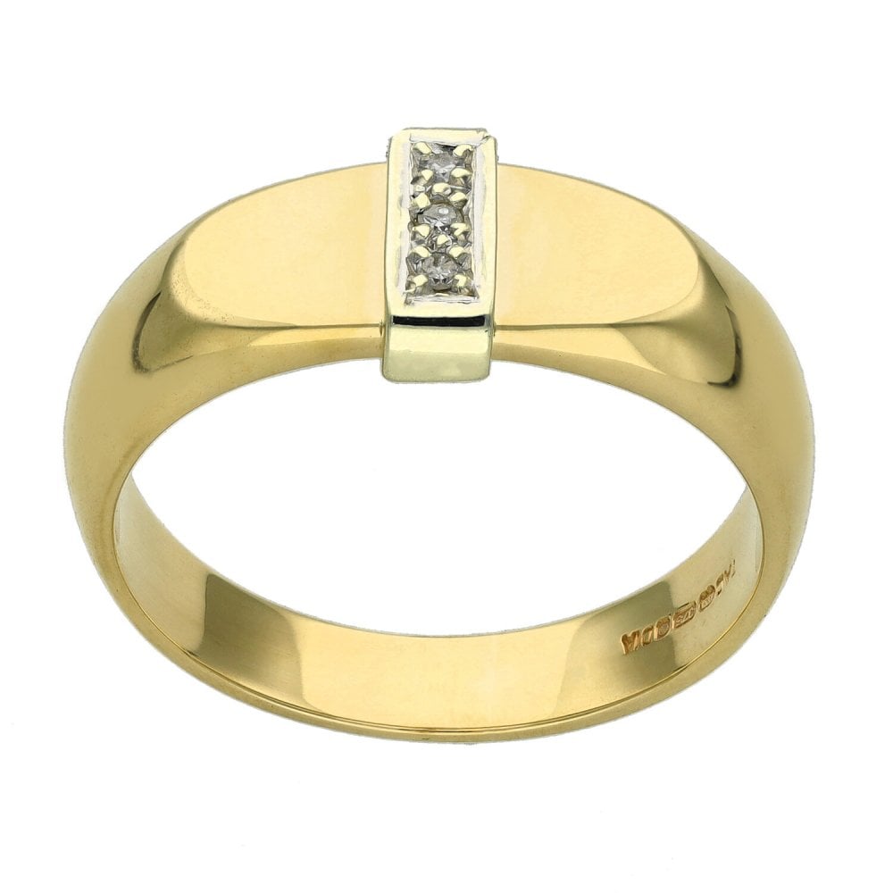 9ct Yellow Gold Diamond Set Band Signet Ring - Size T