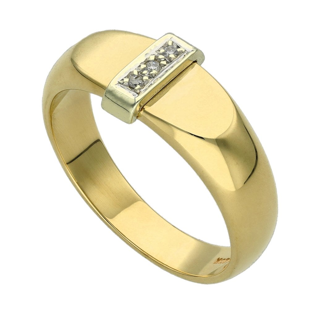9ct Yellow Gold Diamond Set Band Signet Ring - Size T