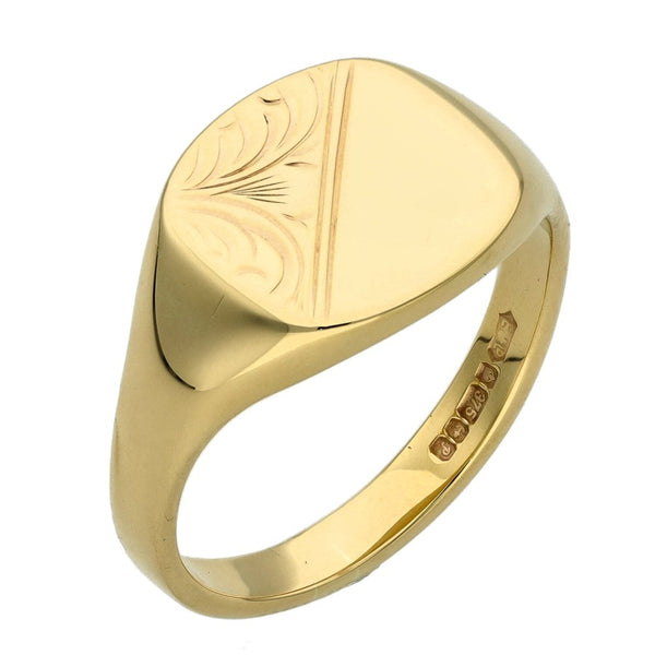 9ct Yellow Gold Half Engraved Square Signet Ring - Size U