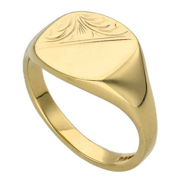 9ct Yellow Gold Half Engraved Square Signet Ring - Size U