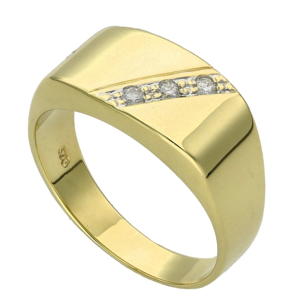 9ct Yellow Gold Diamond Set Oblong Signet Ring - Size S