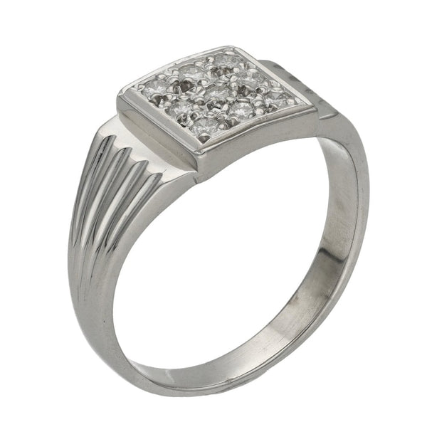 9ct White Gold Diamond Set Pave Signet Ring - Size R