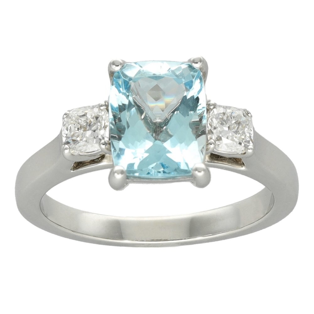 Ladies 18ct White Gold Diamond & Aquamarine Trilogy Ring