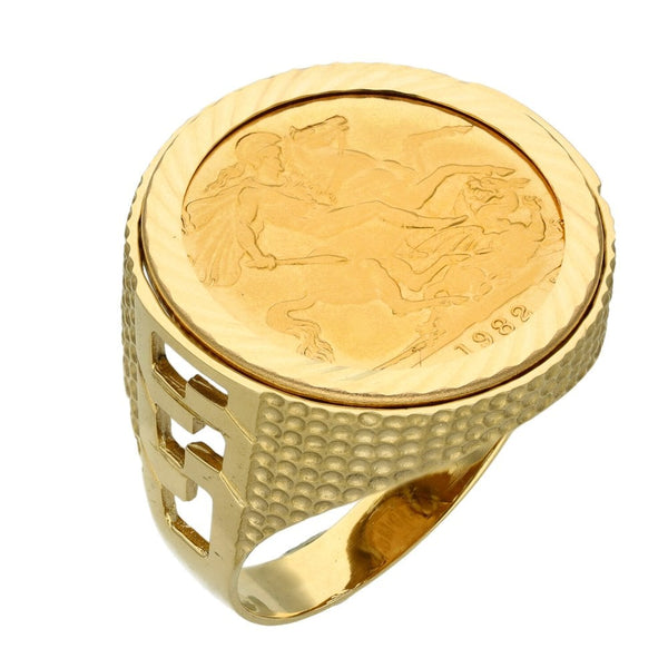 Yellow Gold 1982 Full Sovereign Coin Mounted Ring - Size W
