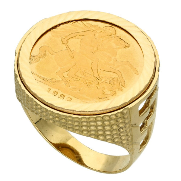 Yellow Gold 1982 Full Sovereign Coin Mounted Ring - Size W