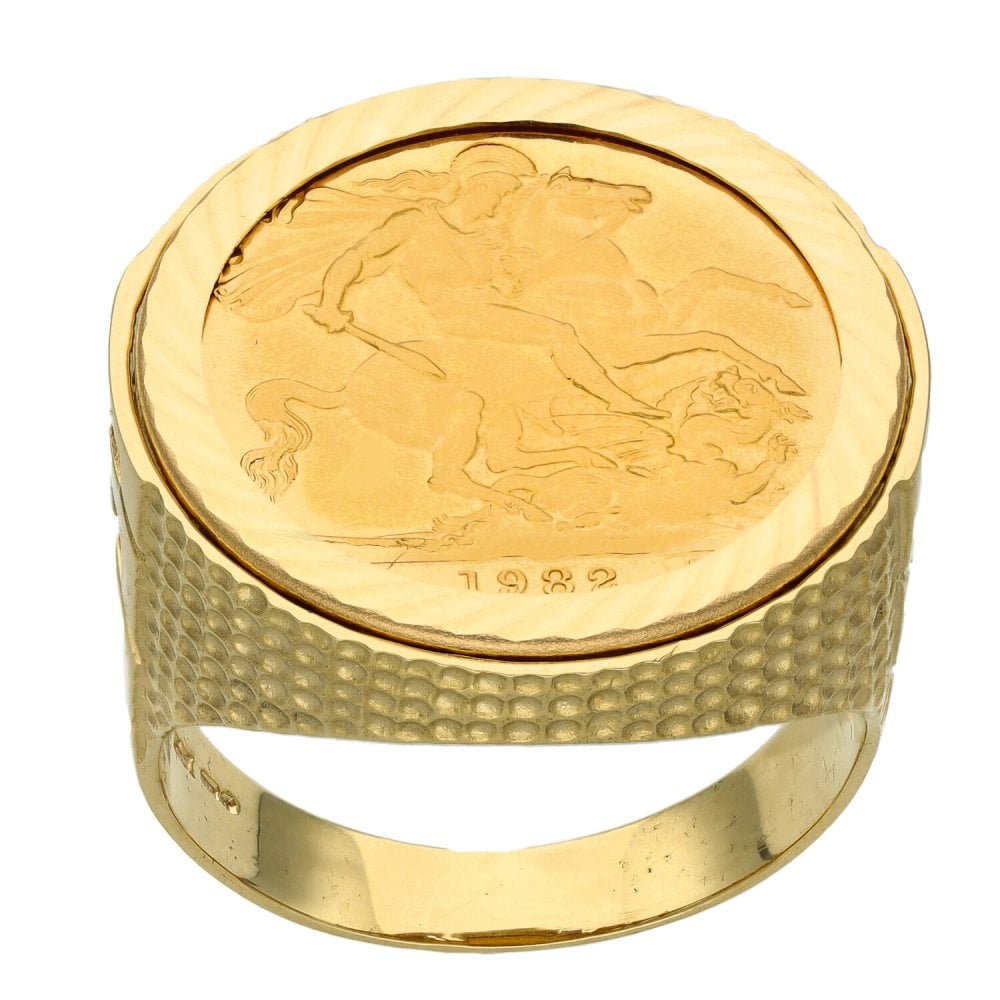 Yellow Gold 1982 Full Sovereign Coin Mounted Ring - Size W
