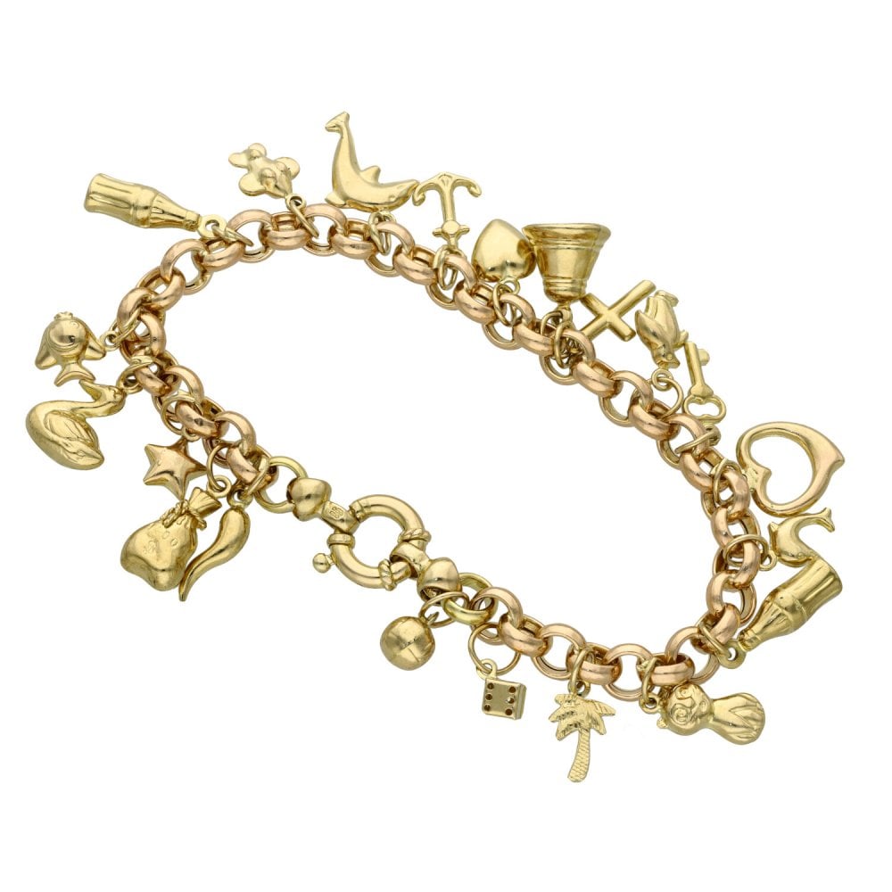 9ct Yellow Gold Belcher Bracelet With 21 Charms - 16.6g