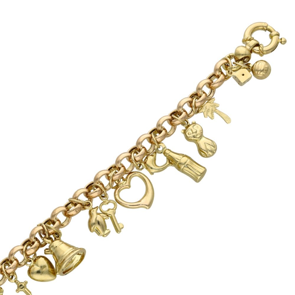 9ct Yellow Gold Belcher Bracelet With 21 Charms - 16.6g