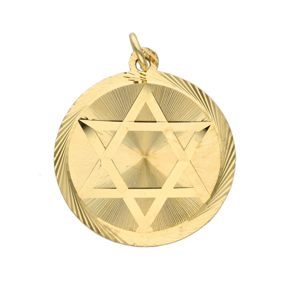 9ct Yellow Gold Star Of David Disc Pendant - 3.3g
