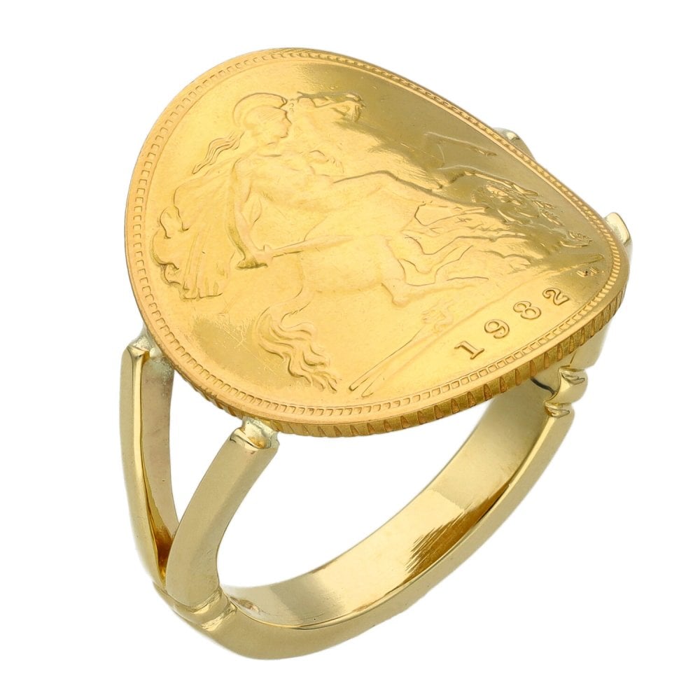 1982 Yellow Gold Half Sovereign Coin Bent Over Ring - Size P