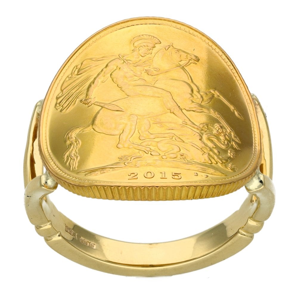 2015 Yellow Gold Full Sovereign Coin Bent Over Ring - Size R