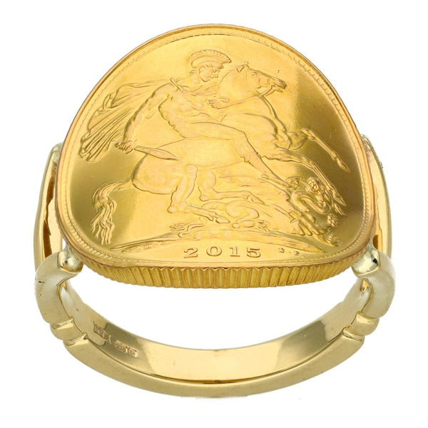 2015 Yellow Gold Full Sovereign Coin Bent Over Ring - Size R