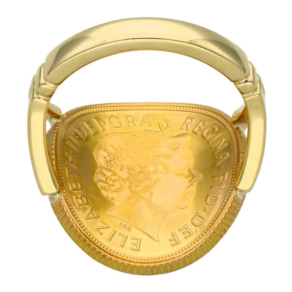 2015 Yellow Gold Full Sovereign Coin Bent Over Ring - Size R