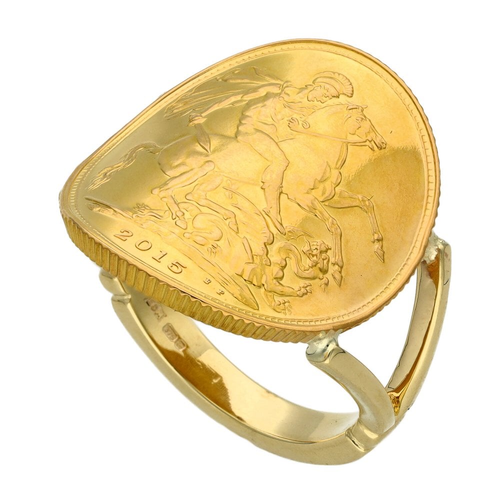 2015 Yellow Gold Full Sovereign Coin Bent Over Ring - Size R