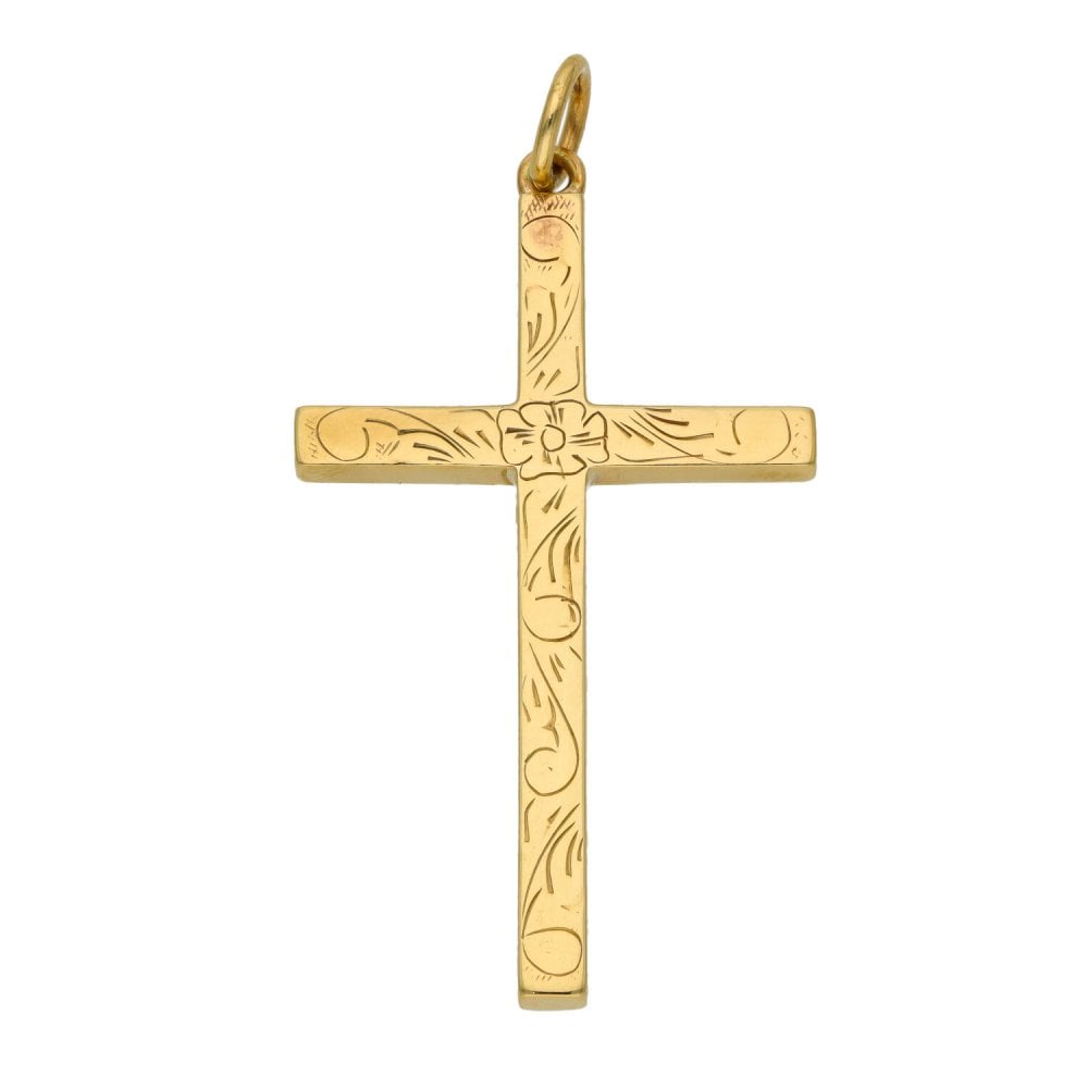 9ct Yellow Gold Engraved Block Cross Pendant - 9.4g