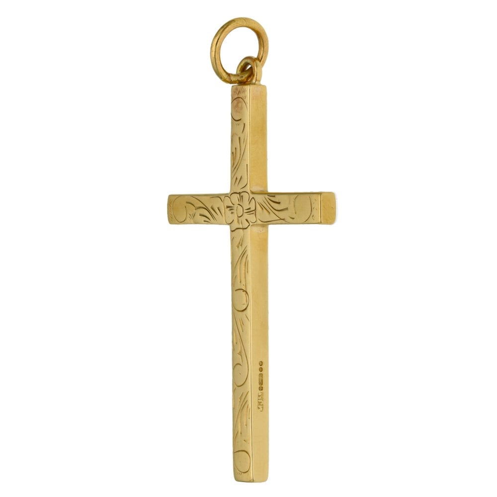 9ct Yellow Gold Engraved Block Cross Pendant - 9.4g