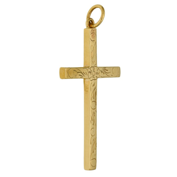 9ct Yellow Gold Engraved Block Cross Pendant - 9.4g