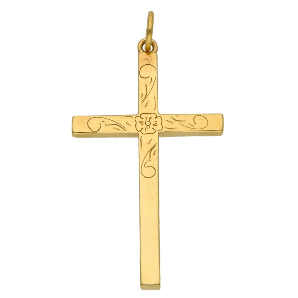 9ct Yellow Gold Engraved Block Cross Pendant - 9.4g
