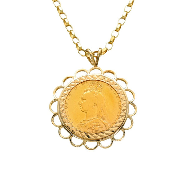 1889 Yellow Gold Full Sovereign Coin Pendant & Belcher Chain