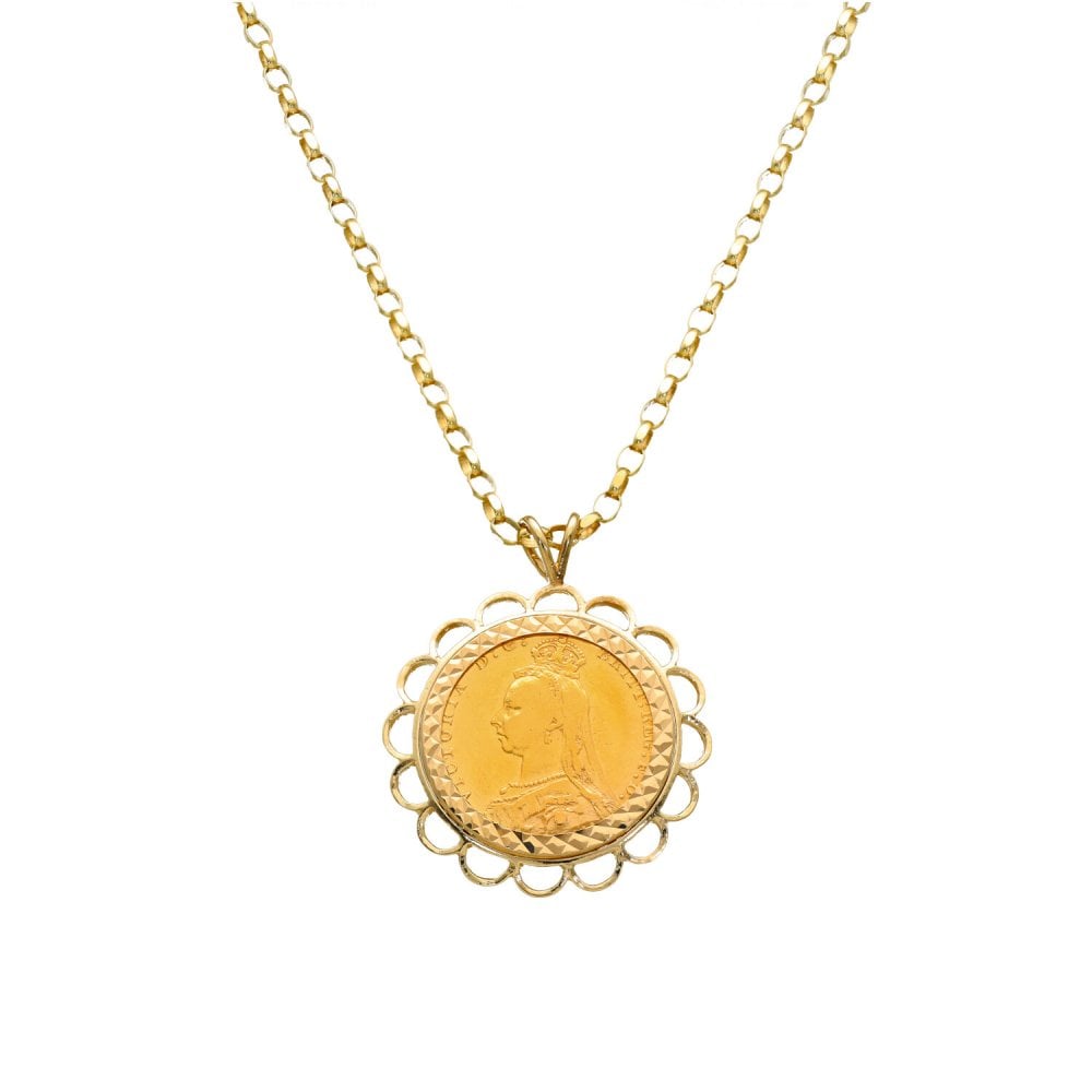 1889 Yellow Gold Full Sovereign Coin Pendant & Belcher Chain