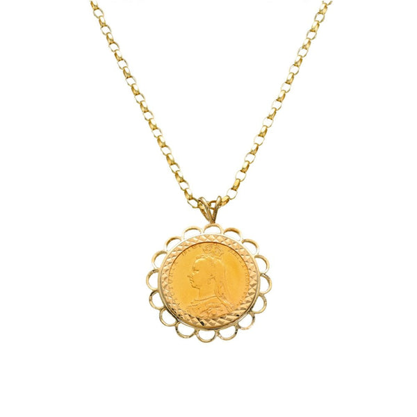 1889 Yellow Gold Full Sovereign Coin Pendant & Belcher Chain