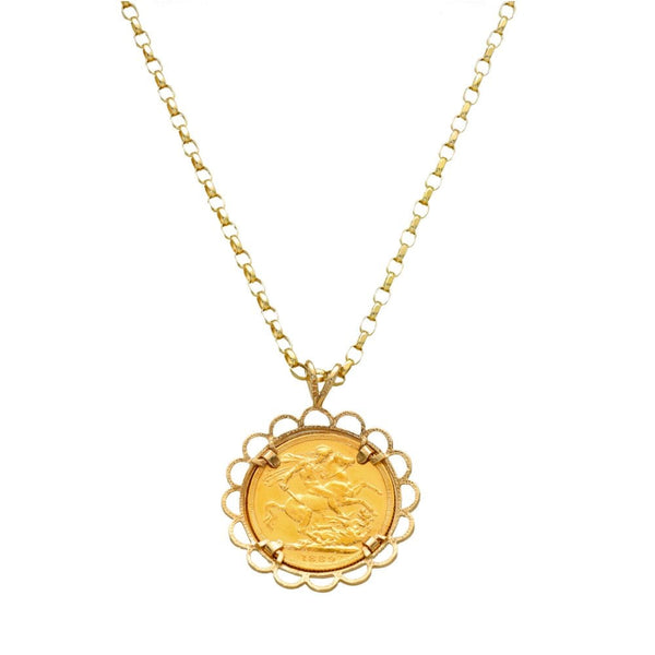 1889 Yellow Gold Full Sovereign Coin Pendant & Belcher Chain
