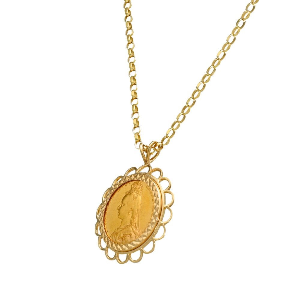1889 Yellow Gold Full Sovereign Coin Pendant & Belcher Chain