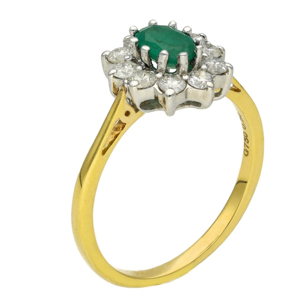 Ladies 18ct Yellow Gold Diamond & Emerald Cluster Ring