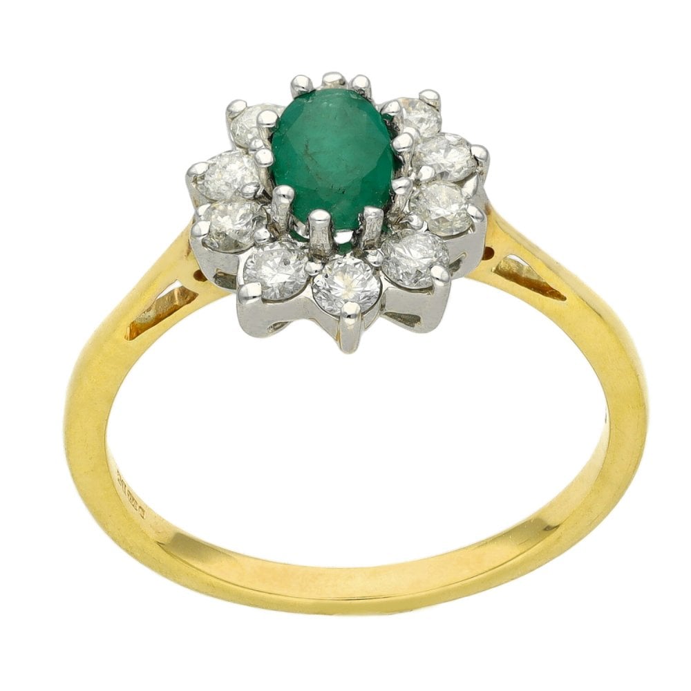 Ladies 18ct Yellow Gold Diamond & Emerald Cluster Ring