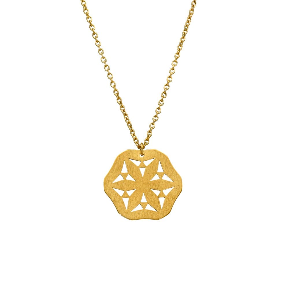 9ct Yellow Gold Flower Disc Pendant & Necklace - 17" - 1.8g