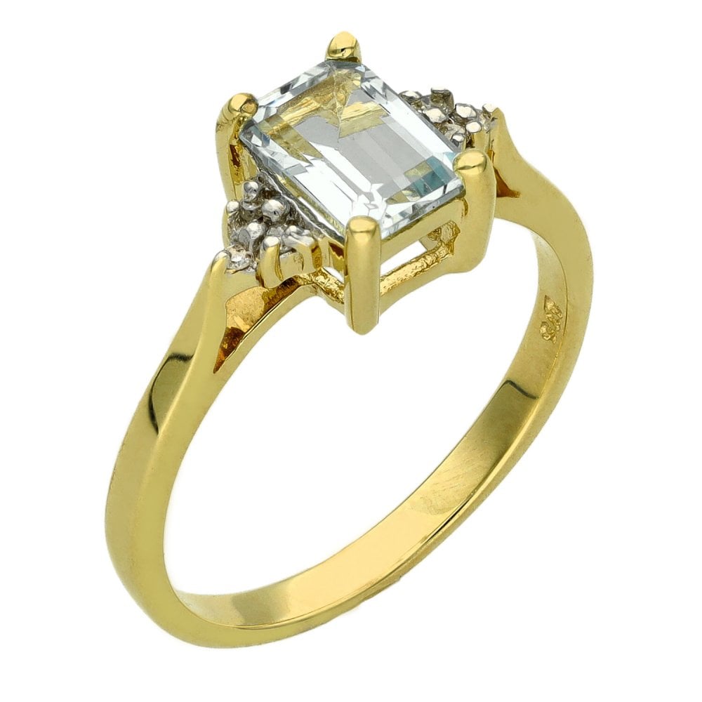 Ladies 9ct Yellow Gold Diamond & Aquamarine Ring - Size L