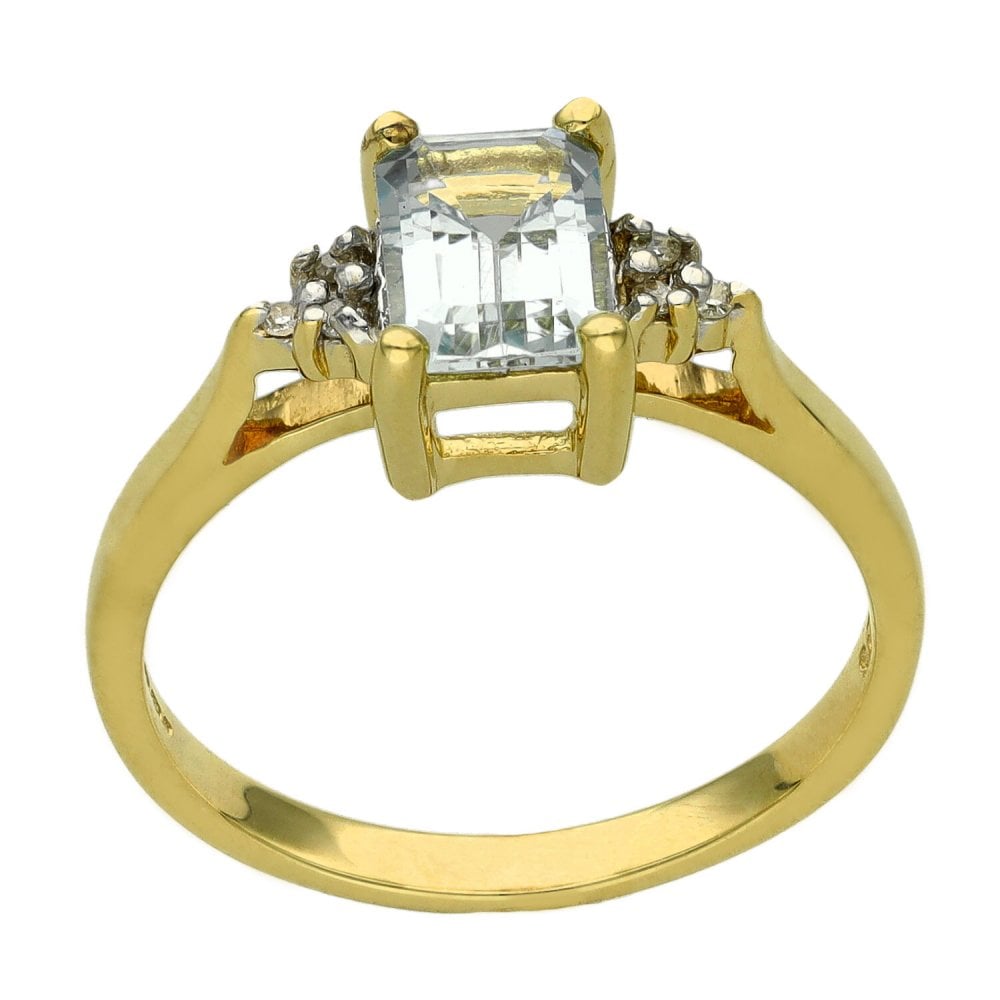 Ladies 9ct Yellow Gold Diamond & Aquamarine Ring - Size L