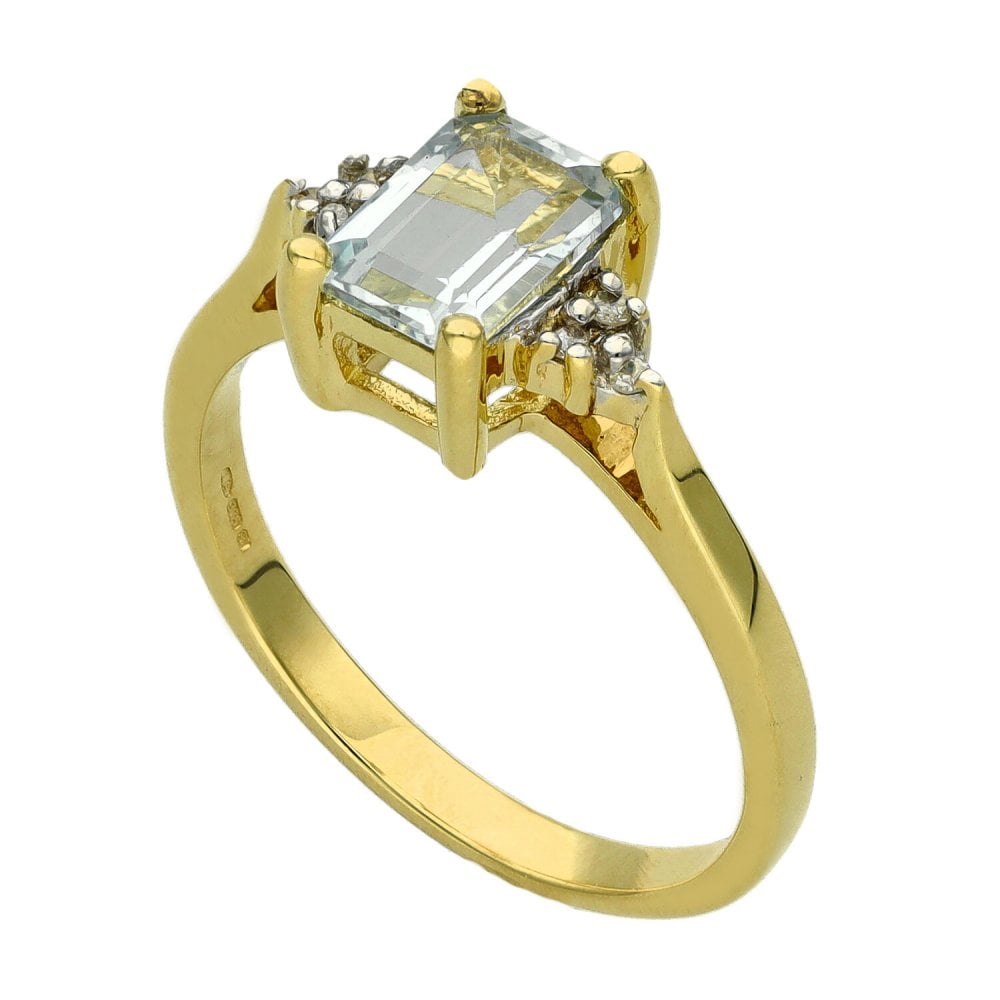 Ladies 9ct Yellow Gold Diamond & Aquamarine Ring - Size L