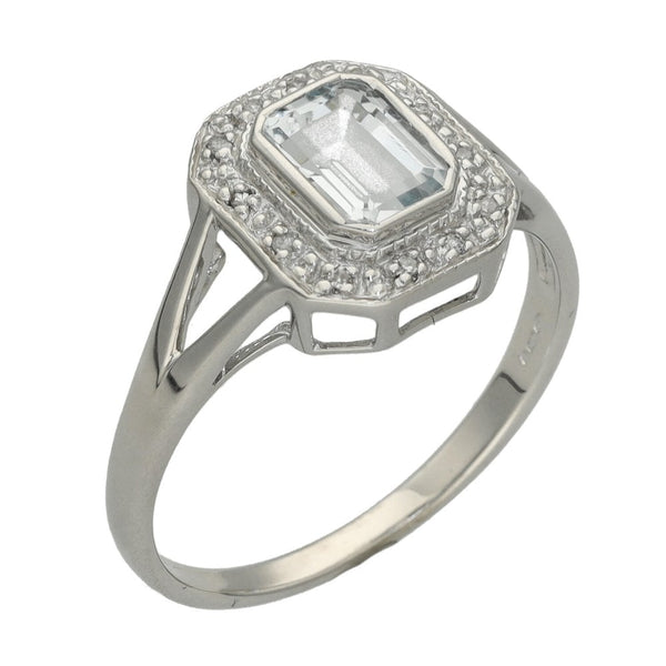 Ladies 9ct White Gold Aquamarine & Diamond Ring - Size R