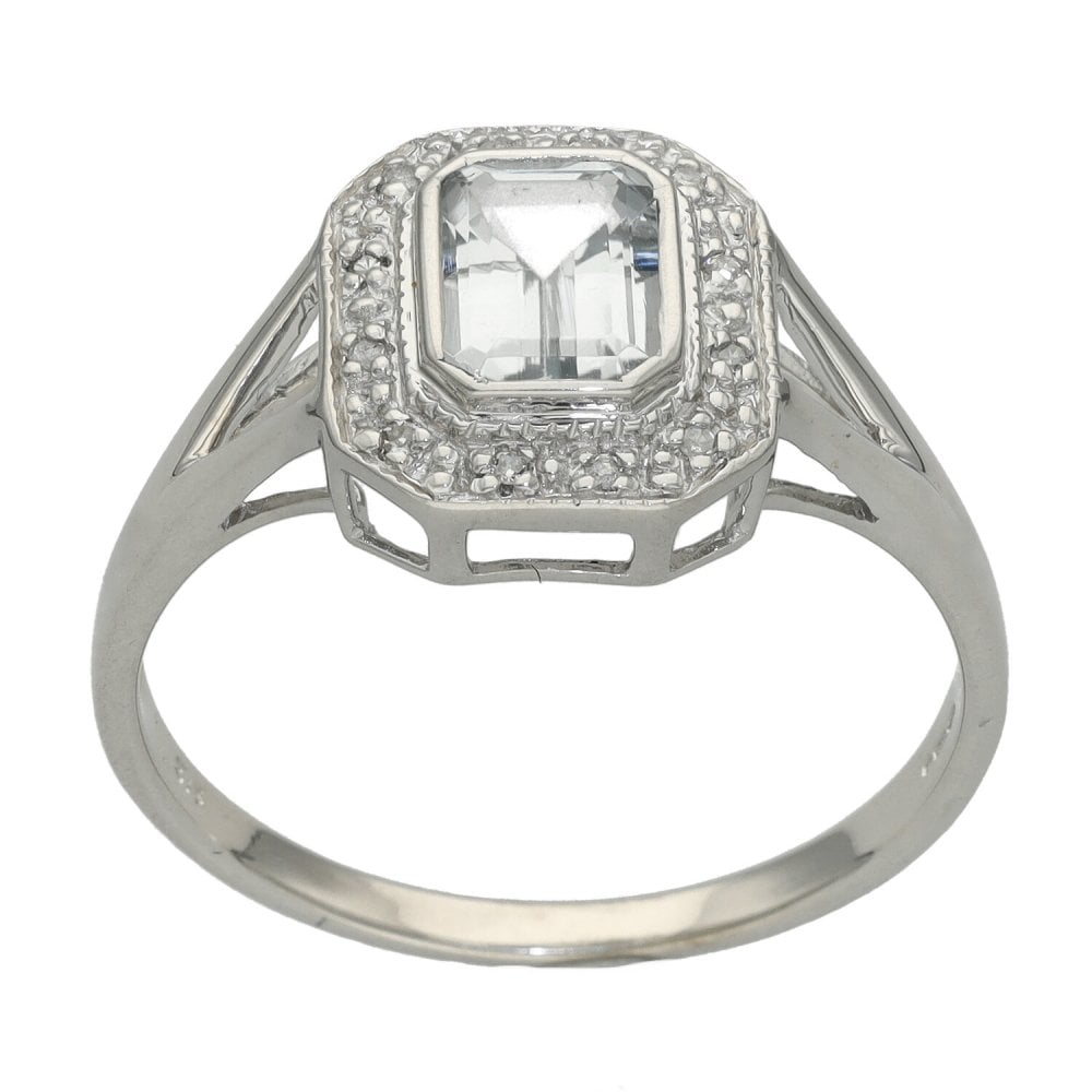 Ladies 9ct White Gold Aquamarine & Diamond Ring - Size R