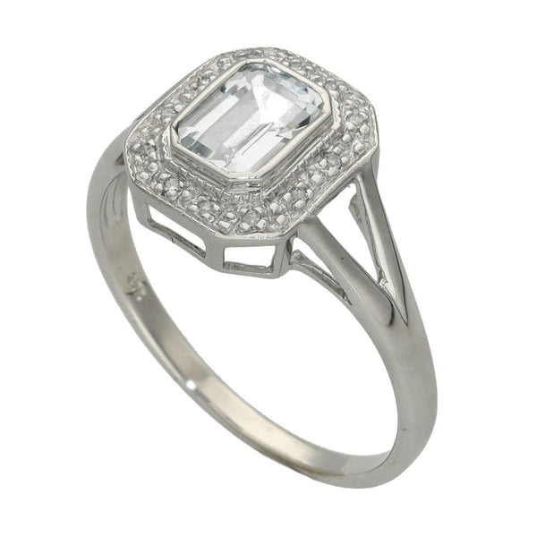Ladies 9ct White Gold Aquamarine & Diamond Ring - Size R