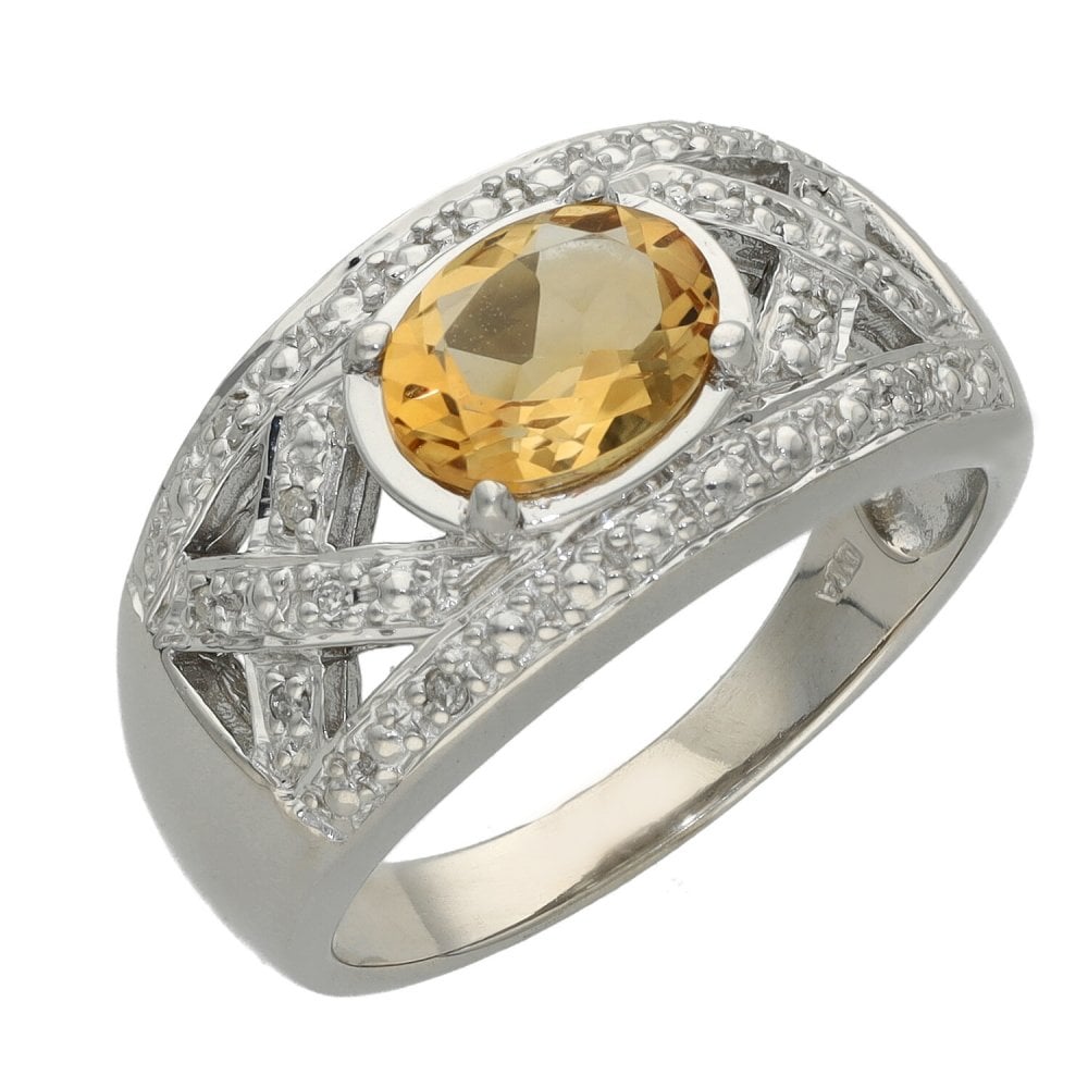 Ladies 9ct White Gold Diamond & Citrine Ring - Size O