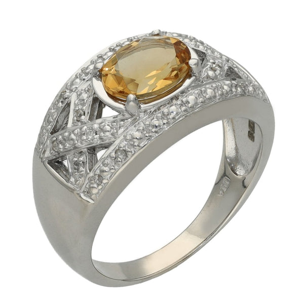 Ladies 9ct White Gold Diamond & Citrine Ring - Size O