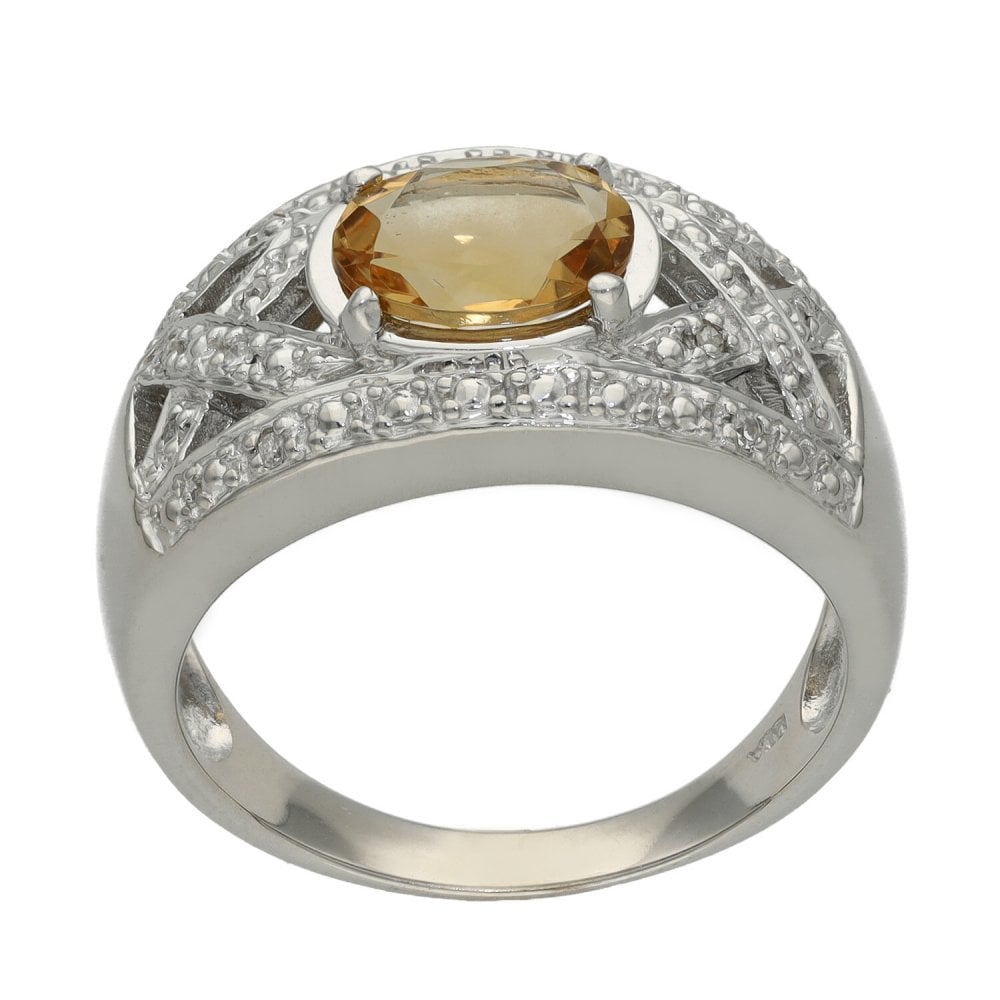 Ladies 9ct White Gold Diamond & Citrine Ring - Size O