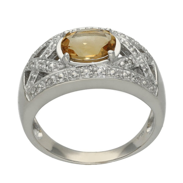 Ladies 9ct White Gold Diamond & Citrine Ring - Size O