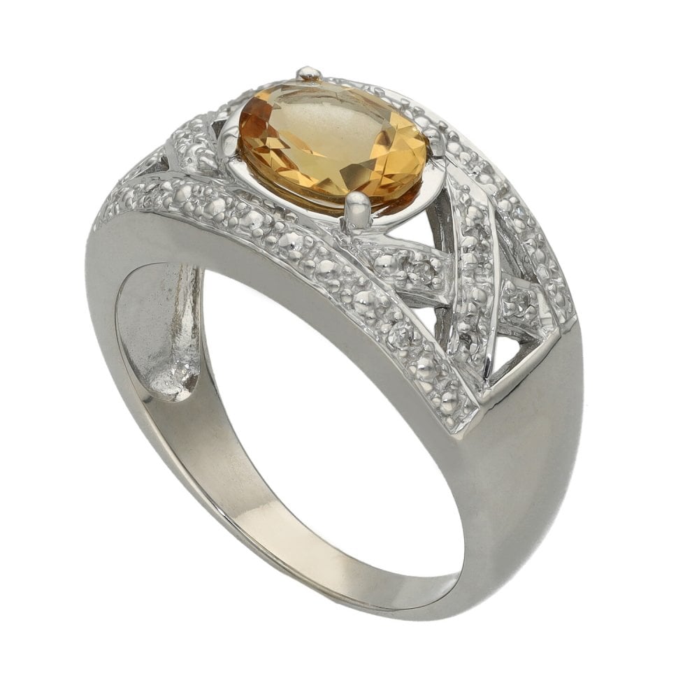 Ladies 9ct White Gold Diamond & Citrine Ring - Size O