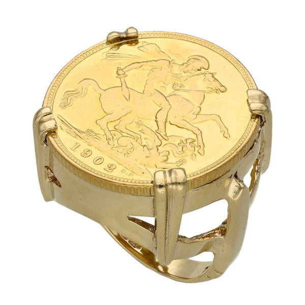 1902 Yellow Gold Full Sovereign Coin Ring - Size J