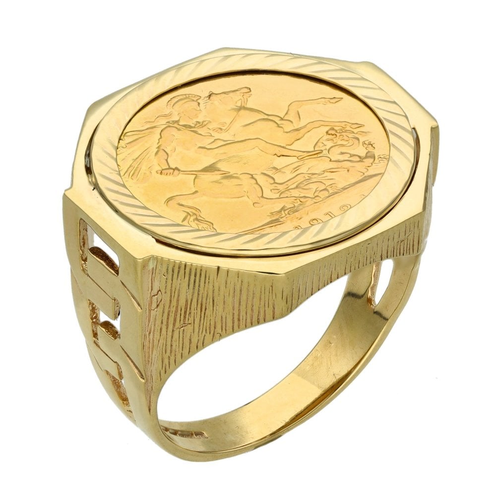 1912 Yellow Gold Full Sovereign Coin Mounted Ring - Z+1