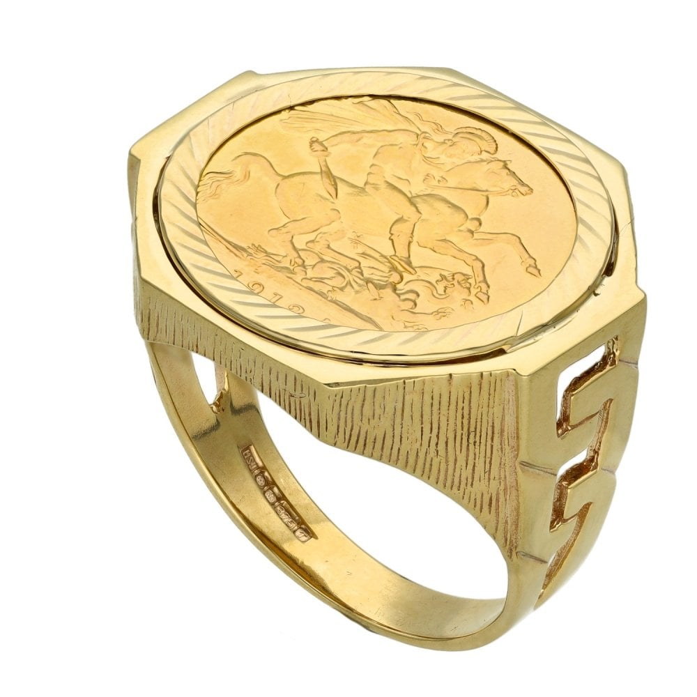 1912 Yellow Gold Full Sovereign Coin Mounted Ring - Z+1