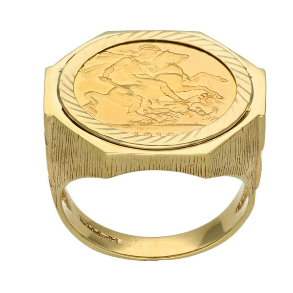 1912 Yellow Gold Full Sovereign Coin Mounted Ring - Z+1