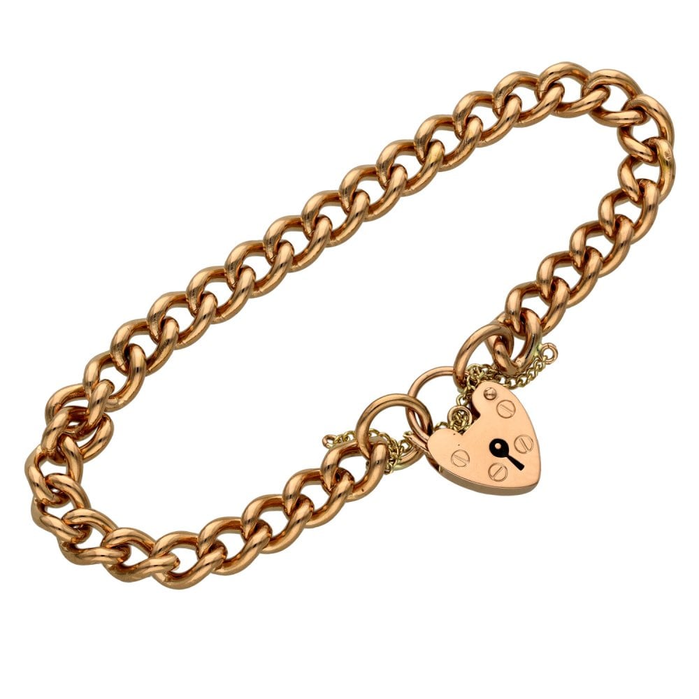 Ladies 9ct Rose Gold Curb Bracelet With Padlock - 26.7g