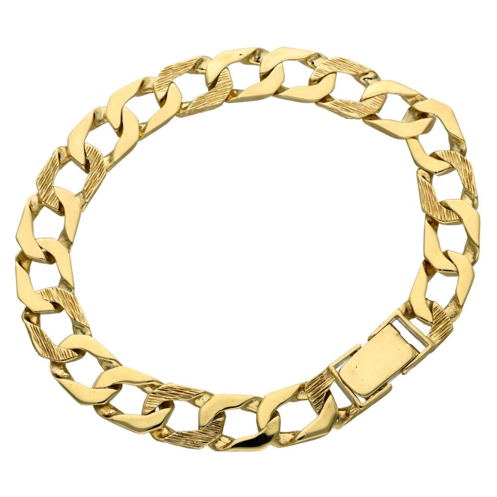 9ct Yellow Gold Bark & Plain Effect Curb Bracelet - 9.5"
